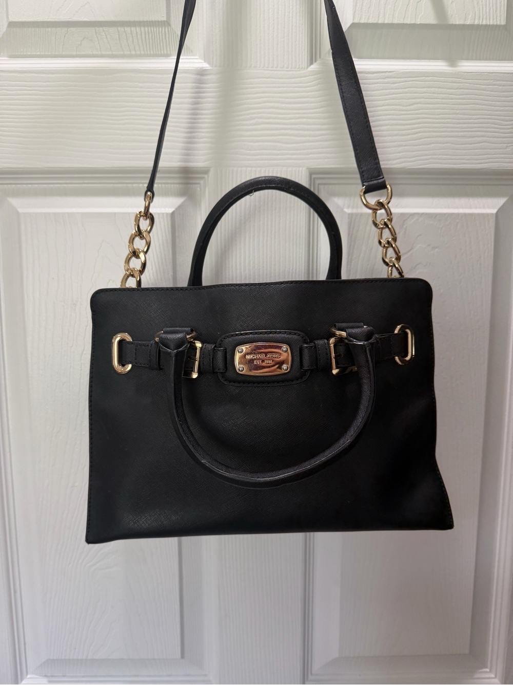 Michael Kors Black Leather Satchel with Gold Hardware